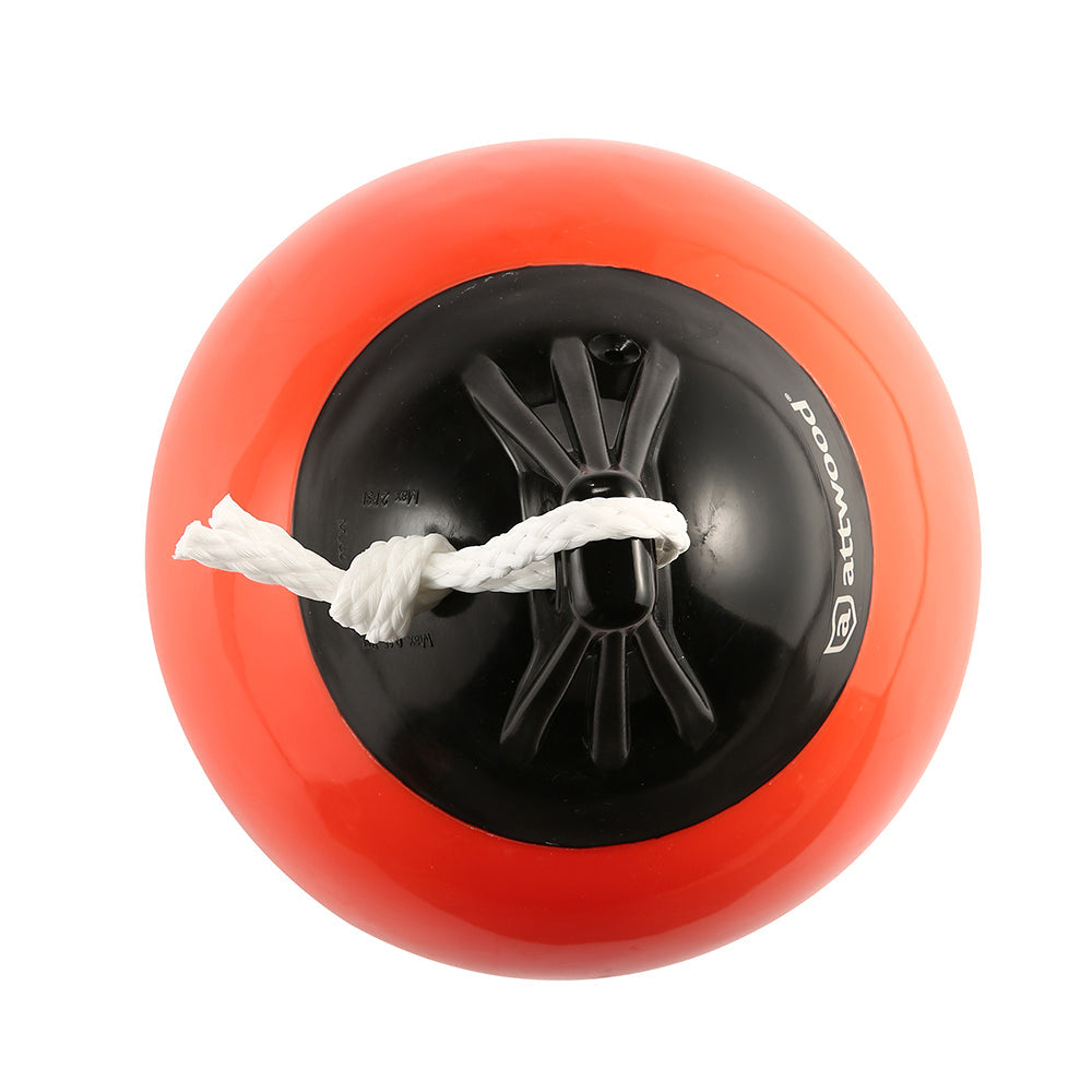 Attwood 9-inch anchor buoy from Wake World Parts, displaying a durable, bright orange float with rope attachment for marine anchoring.