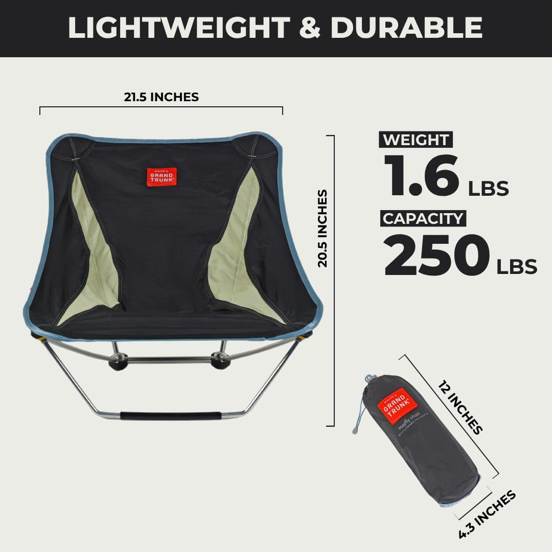GrandTrunk Mayfly low ground collapsible chair with fabric seat and metal frame, ideal for outdoor seating and camping.