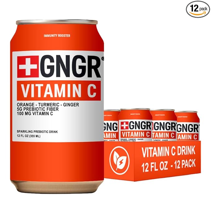 '+GNGR Sparkling Vitamin C Prebiotic Drink - Caffeine free - 5g Prebiotic Fiber - Orange Juice - Ginger Juice - Turmeric - Acerola - Apple Cider Vinegar - Prebiotic Soda - Immunity (12 oz - 12 Pack) - OVERLANDERS Outfitter