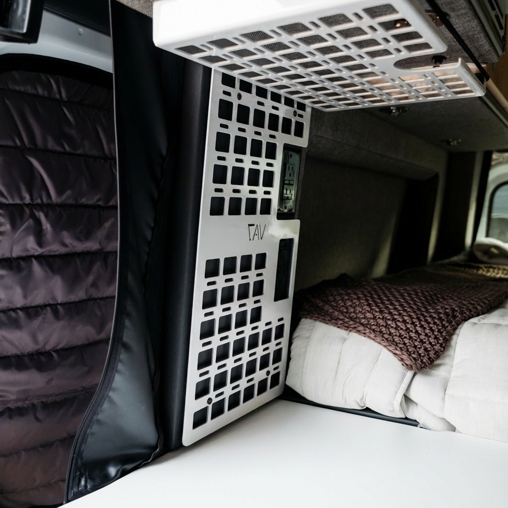 Canyon Adventure Vans Storyteller Galley MOLLE Panel made in Utah, mounted on a vehicle interior with webbing for gear attachment.