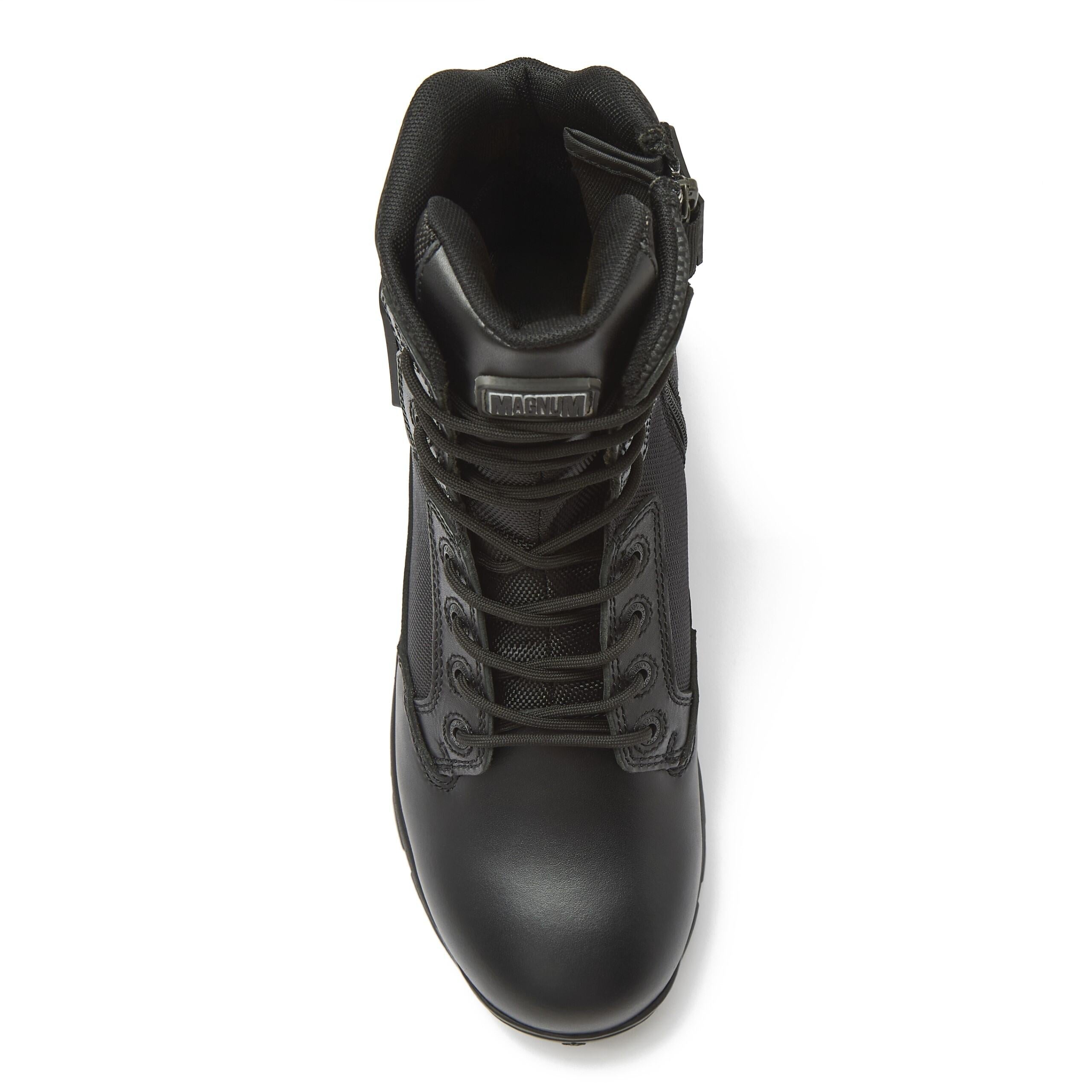 Magnum Boots Strike Force 8-inch tactical boots, black leather with rugged soles and ankle support, designed for durability and comfort.
