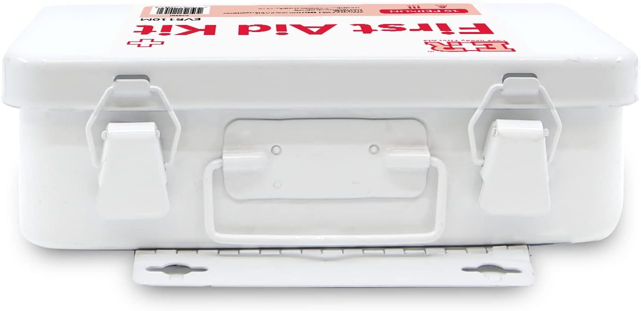 MediTac Kits 10-person first aid kit in a metal case with bandages, antiseptic, scissors, and medical supplies for emergency use.