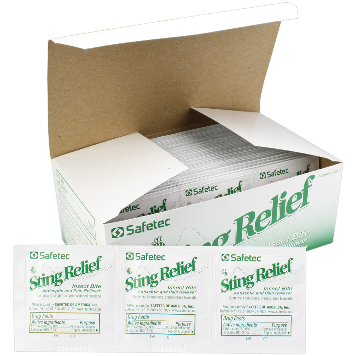 Two 150 Sting Relief Prep Pads from Quakekits.com, pre-moistened medicine pads for soothing insect sting relief.