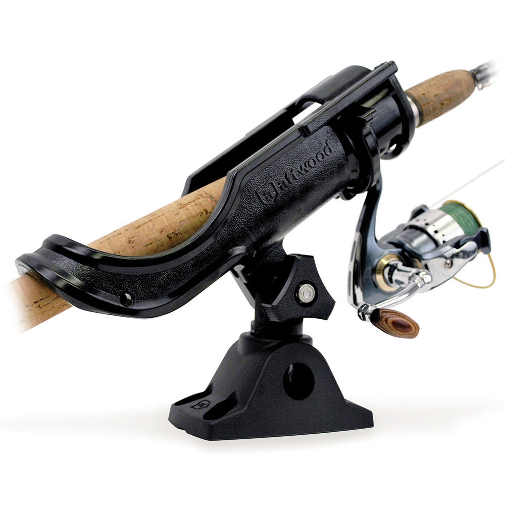 Attwood heavy-duty adjustable rod holder with combo mount, designed for fishing rods, shown mounted on a boat.