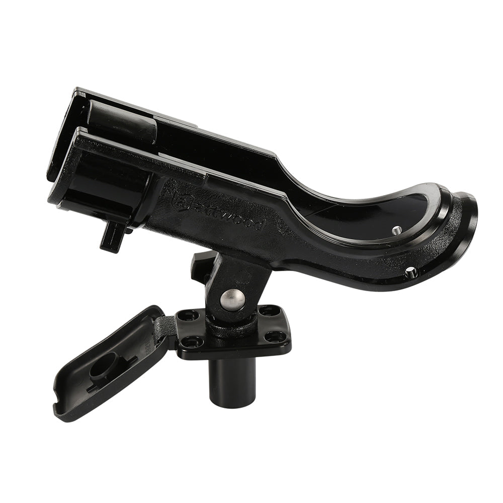 Attwood heavy duty adjustable rod holder with flush mount by Wake World Parts, shown in black with mounting hardware.