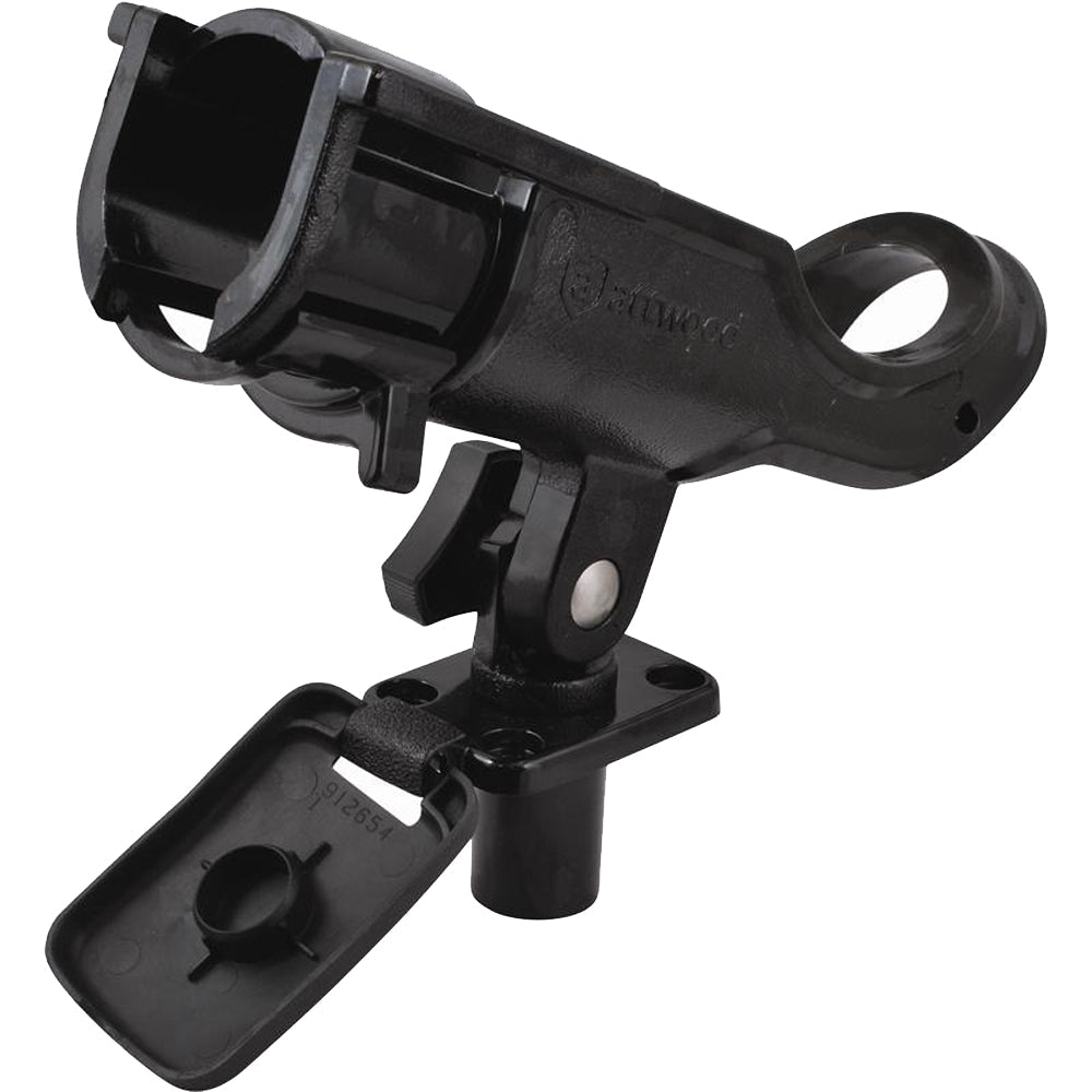 Attwood heavy-duty adjustable rod holder with flush mount, designed for fishing rods, in black with secure mounting features.