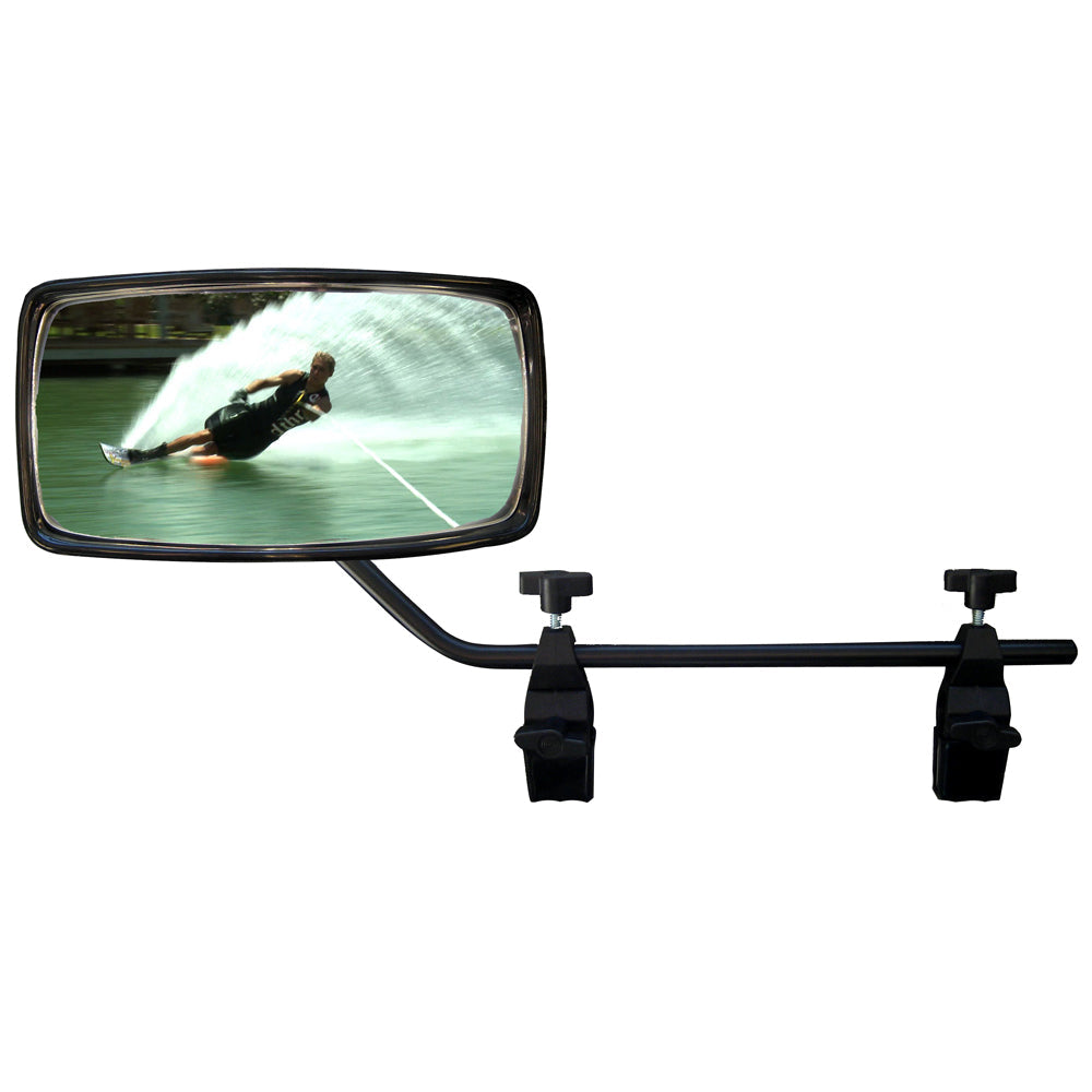 Attwood clamp-on ski mirror with universal mount, designed for boats, showing the adjustable mirror and clamp mechanism.
