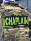 Redemption Tactical Chaplain patches in 4x10 inch and 2x4 inch sizes with hook and loop backing on a plain background.