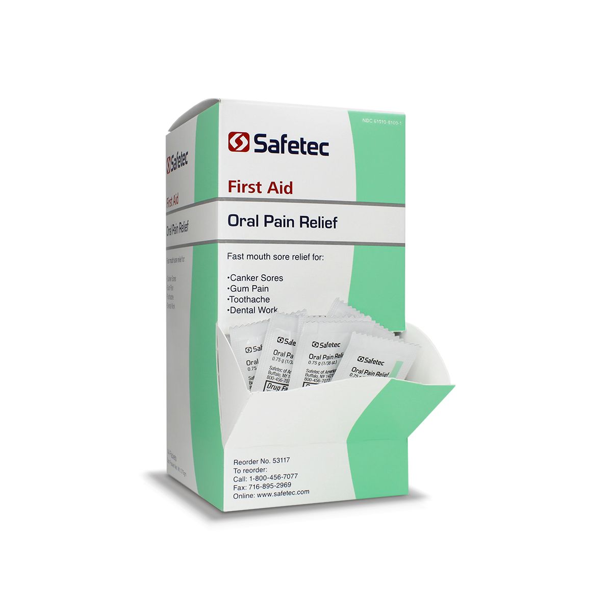 Oral pain relief gel packet from quakekits.com, 0.75 g size, displayed in a box containing 144 packets.