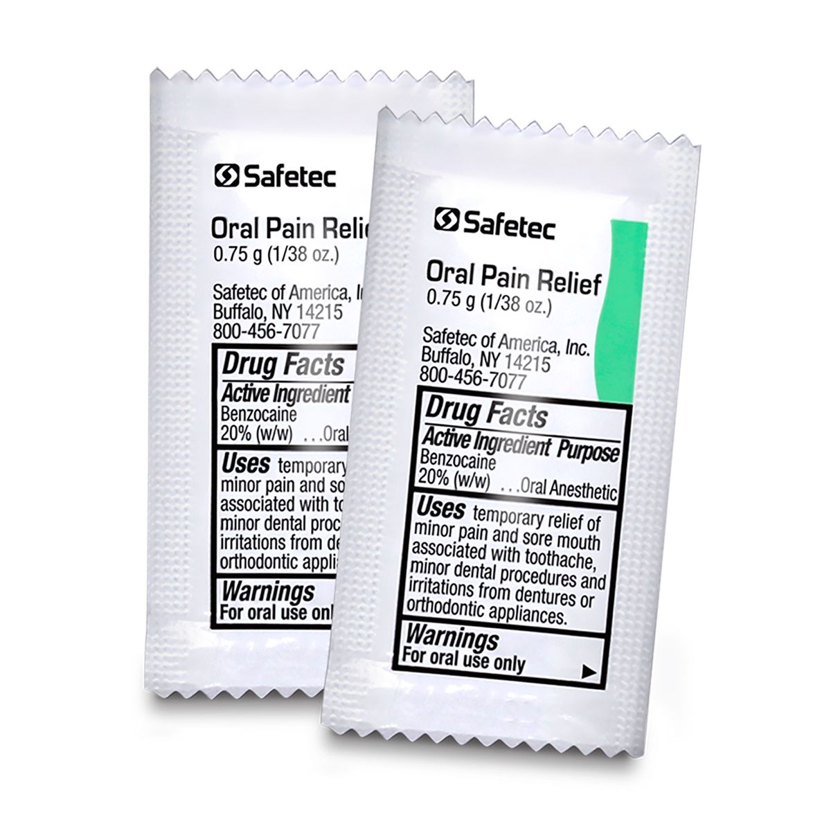 Oral Pain Relief Gel packet by quakekits.com, 0.75 g size, shown in a box with 144 packets for effective pain management.