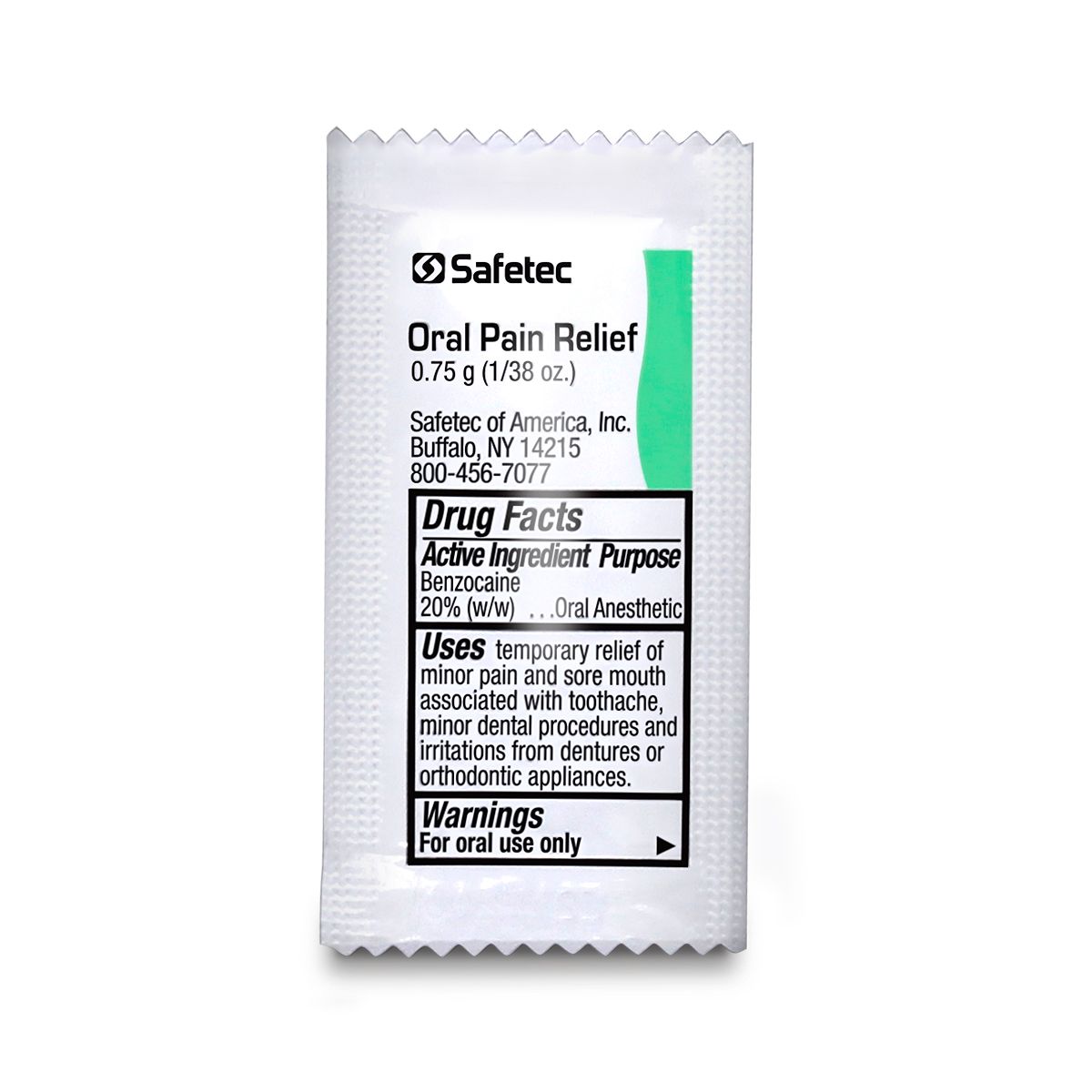 Oral pain relief gel packet by quakekits.com in a box of 144, featuring a clear view of the gel's packaging.