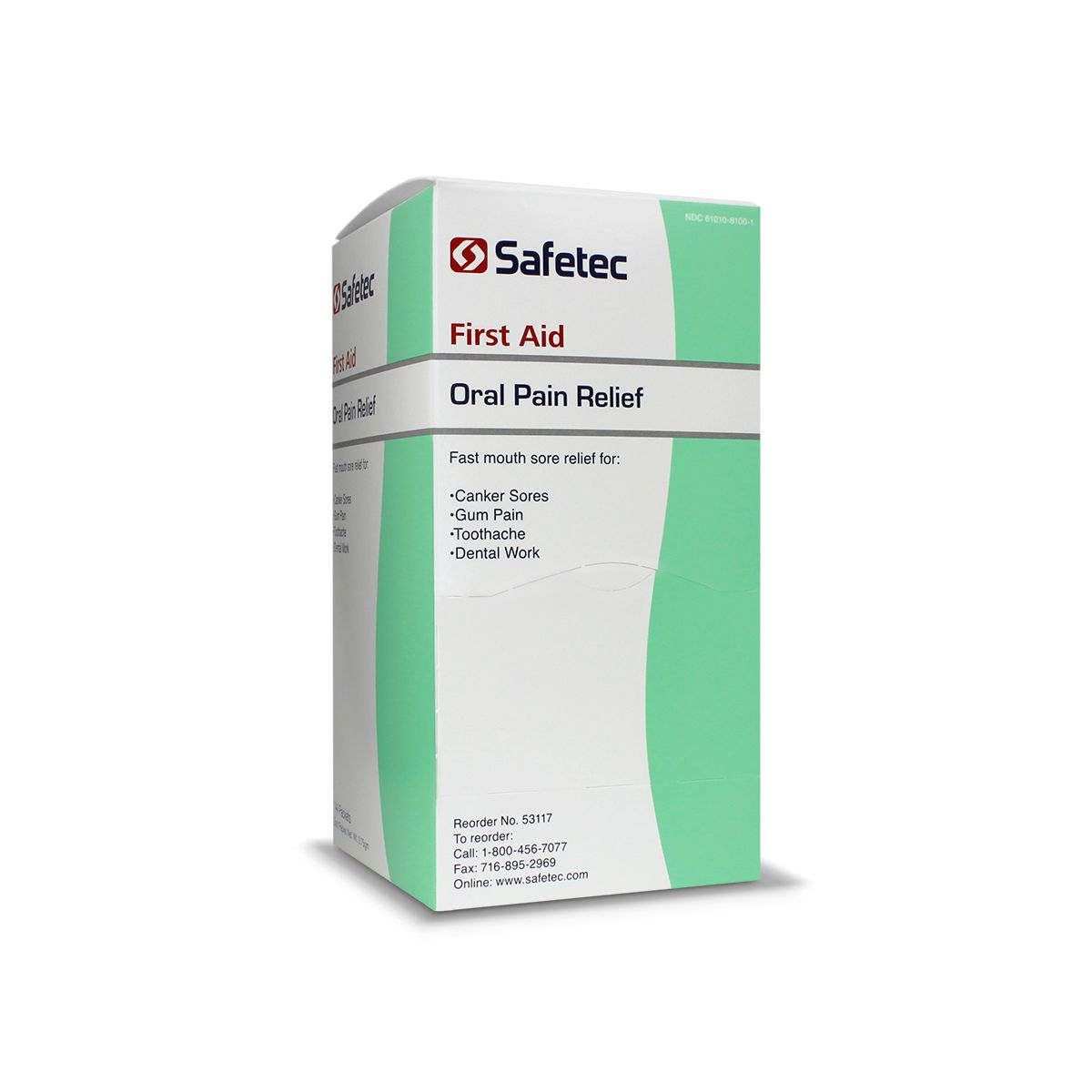 Oral pain relief gel packet, 0.75 g, 144 count box, featuring a clear view of the packaging and product details.