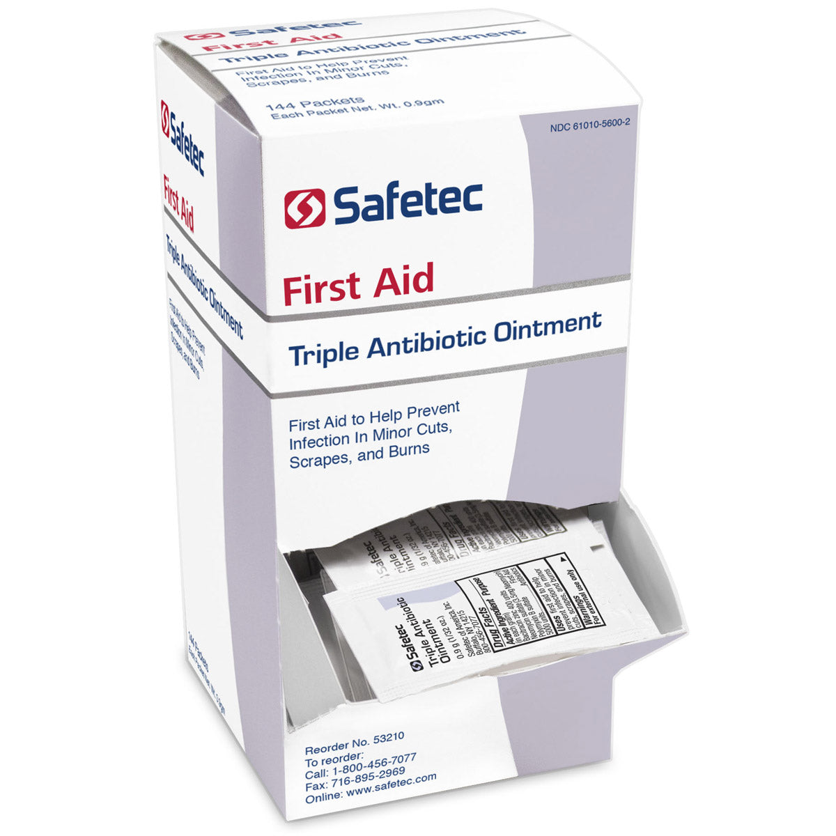 Triple Antibiotic ointment pouch, 0.9g, from Quakekits.com, shown in a box with 144 pouches for wound care use.