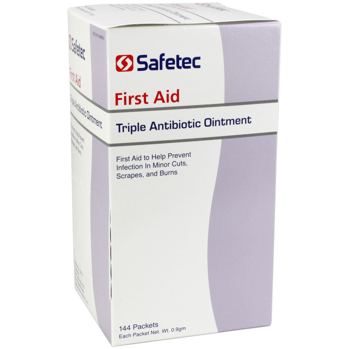 Triple Antibiotic ointment pouch, 0.9g, from Quakekits.com, shown in a box with 144 individual pouches for wound care.