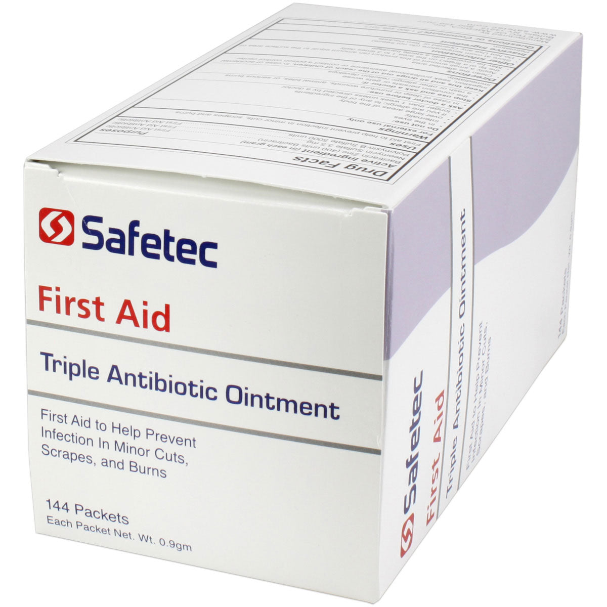 Triple antibiotic ointment pouch in 0.9g packets, 144 per box, used for minor skin infections and wound care.