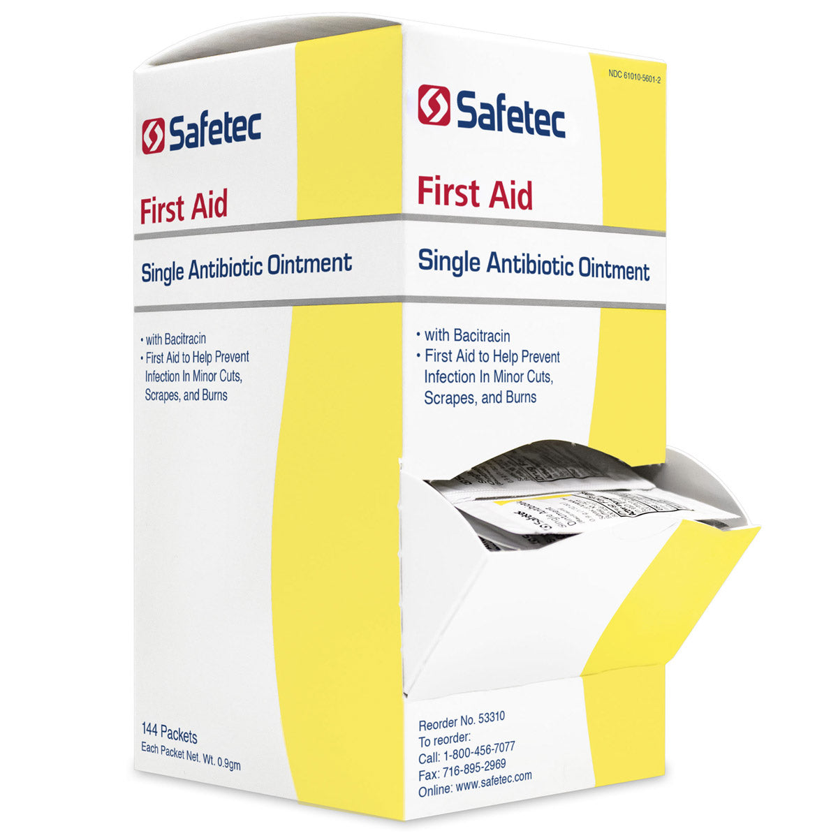 Single 0.9g Bacitracin antibiotic pouch, part of medicine and topicals, shown in a box with 144 pouches.