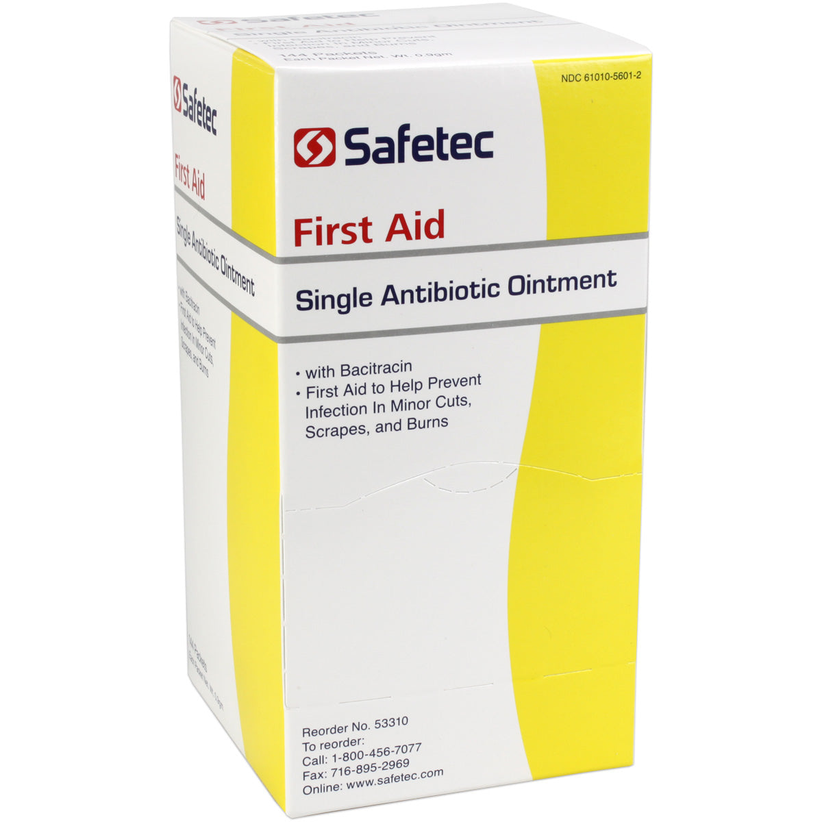 Single Bacitracin antibiotic pouch in a .9gm size, shown in a box of 144 for medical and topical use.