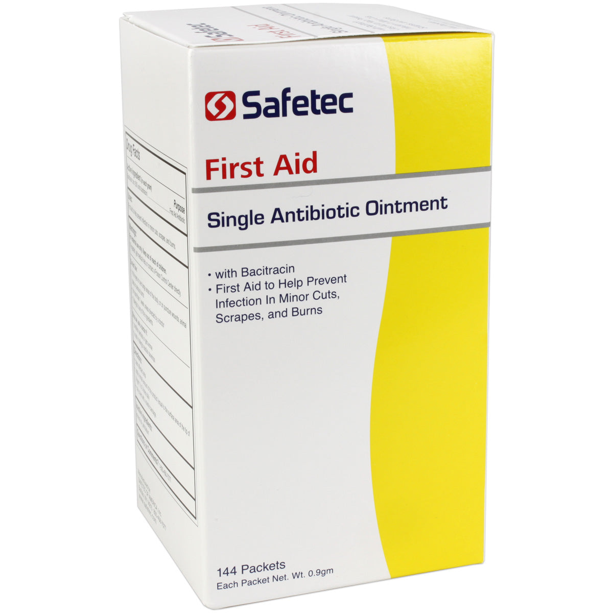 Single Bacitracin antibiotic pouch, 0.9g, from Quakekits.com, with 144 pouches per box, used for topical infection treatment.
