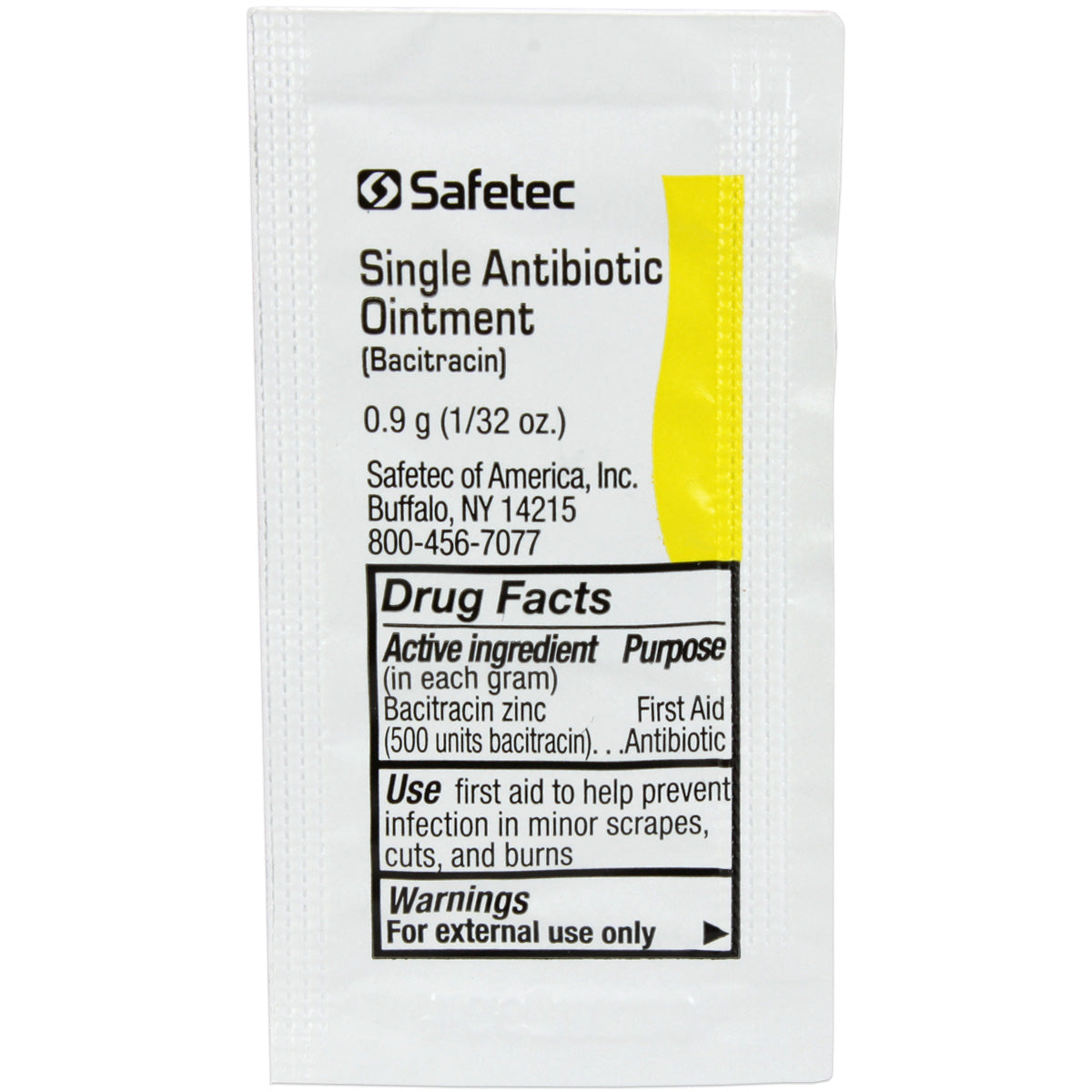 Single .9g Bacitracin antibiotic pouch for topical use, shown in the image with 144 per box, from QuakeKits.com.