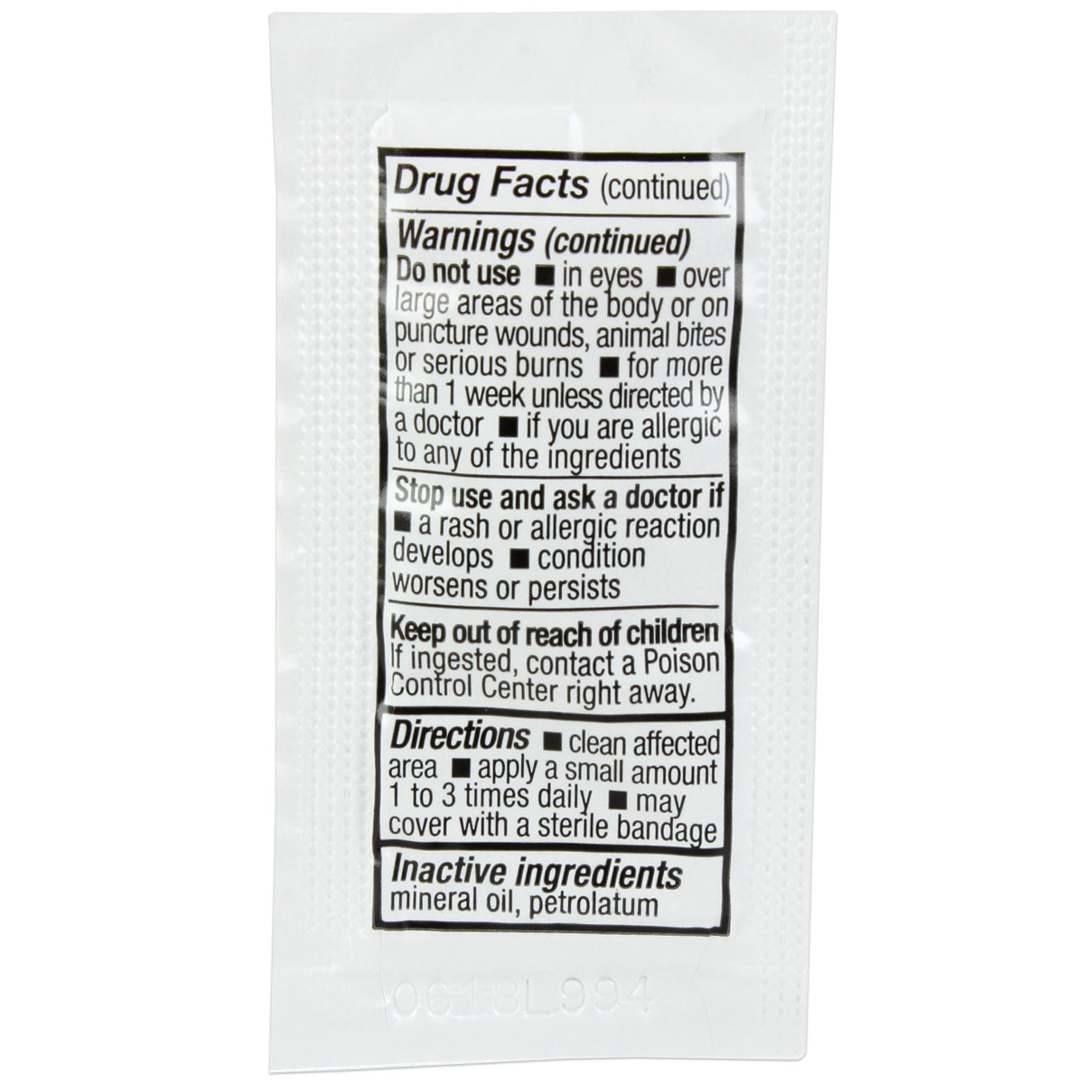 Single Bacitracin antibiotic ointment pouch, 0.9g, from Quakekits.com, used for skin infections, shown in a small medical pouch.