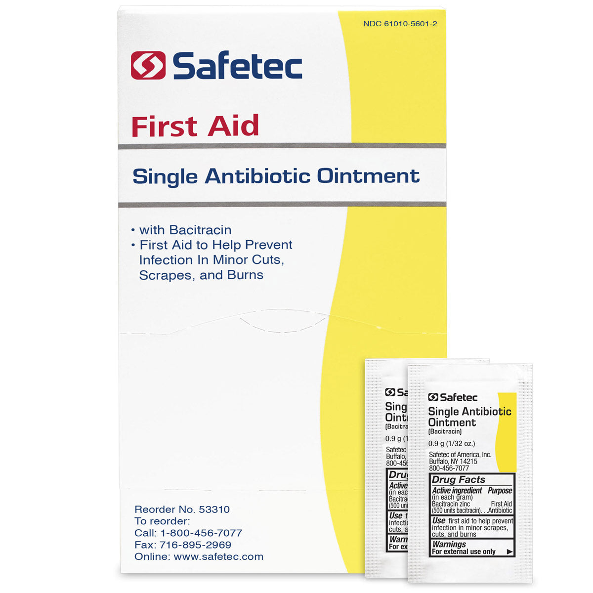 Single Bacitracin antibiotic pouch, 0.9g, used for topical infection treatment, shown in a box of 144.