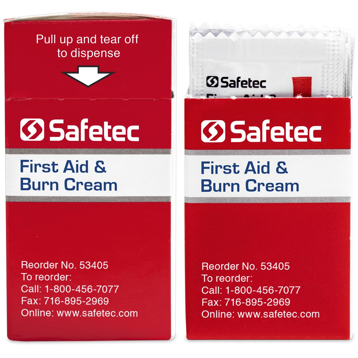 First aid burn treatment cream pouch from quakekits.com, 0.9g, with 25 pouches in a box for emergency burn care.