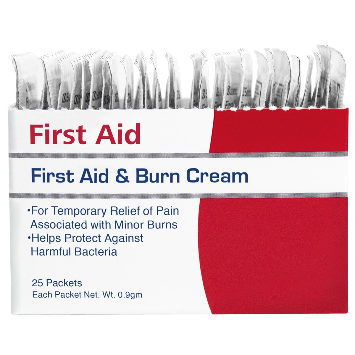 First Aid & Burn Cream pouch, 0.9g, for burn treatment, 25 per box, by quakekits.com, shown in a compact pouch.