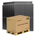 Green Vista Living Sungold Power 550W mono PERC solar panel full pallet with 32 monocrystalline solar panels in a stacked arrangement