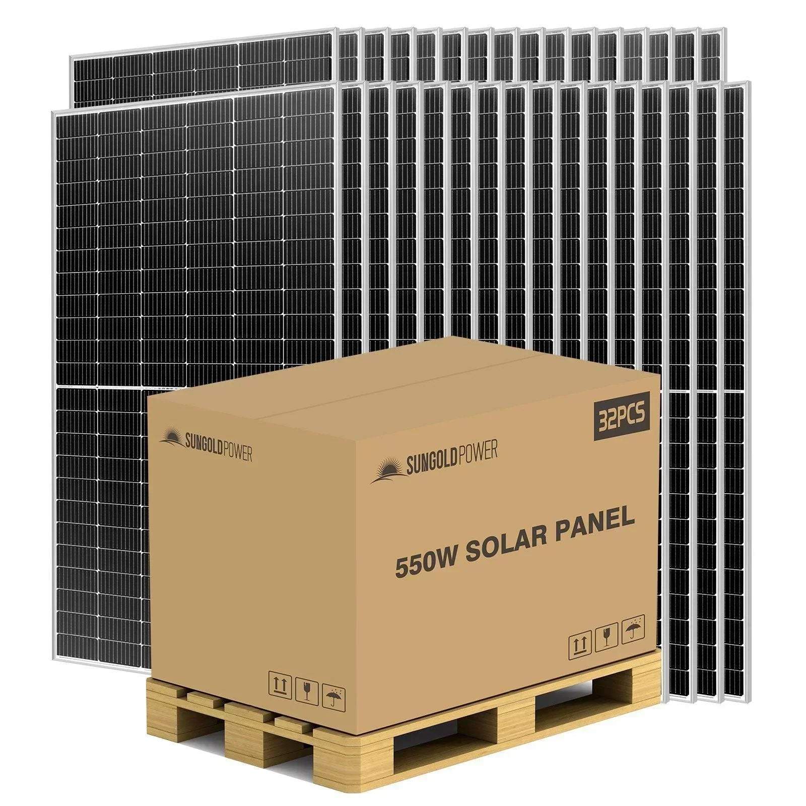 Green Vista Living Sungold Power 550W mono PERC solar panel full pallet with 32 monocrystalline solar panels in a stacked arrangement