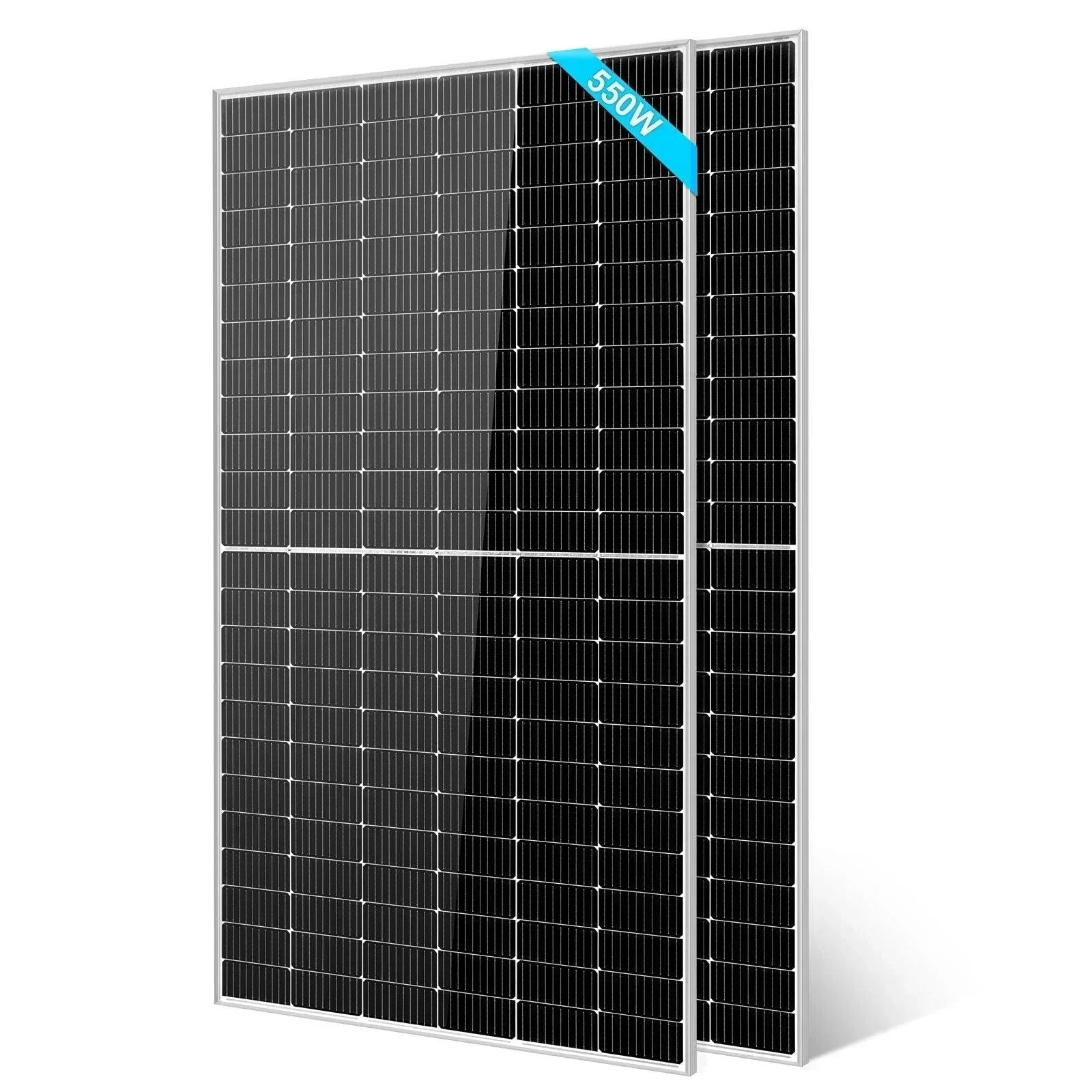 Green Vista Living Sungold Power 550W mono PERC solar panel full pallet with 32 monocrystalline solar panels in a stacked arrangement.