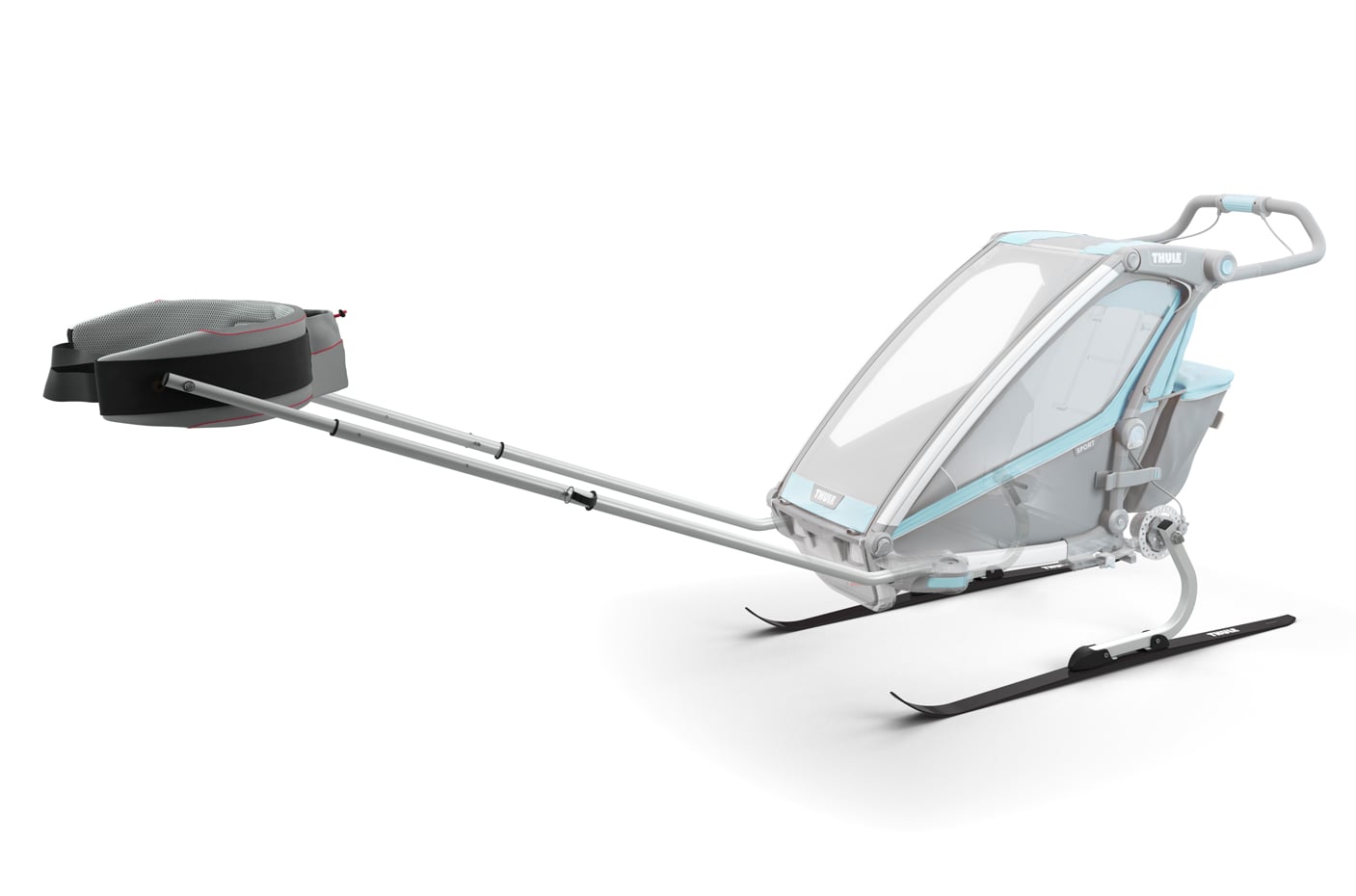 Backcountry Sportsman Thule Chariot cross-country skiing kit attached to a bike trailer, showcasing winter sports gear for versatile outdoor use.