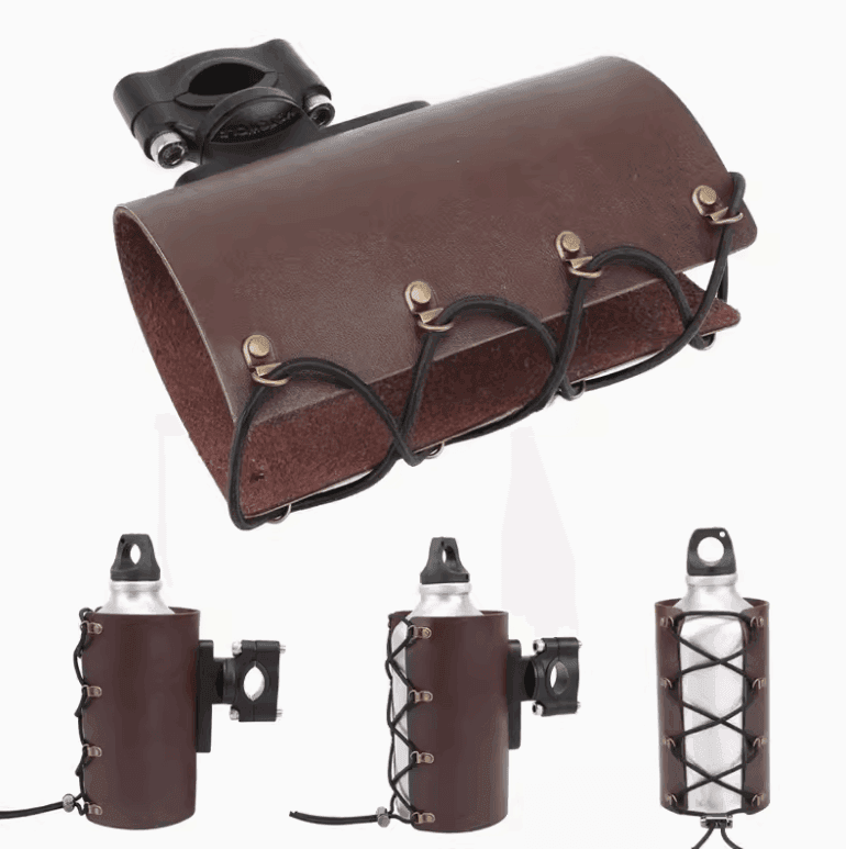 Vintage leather motorcycle cup holder from Bean's Moto Booth, featuring a rugged design and secure attachment for motorcycle accessories.