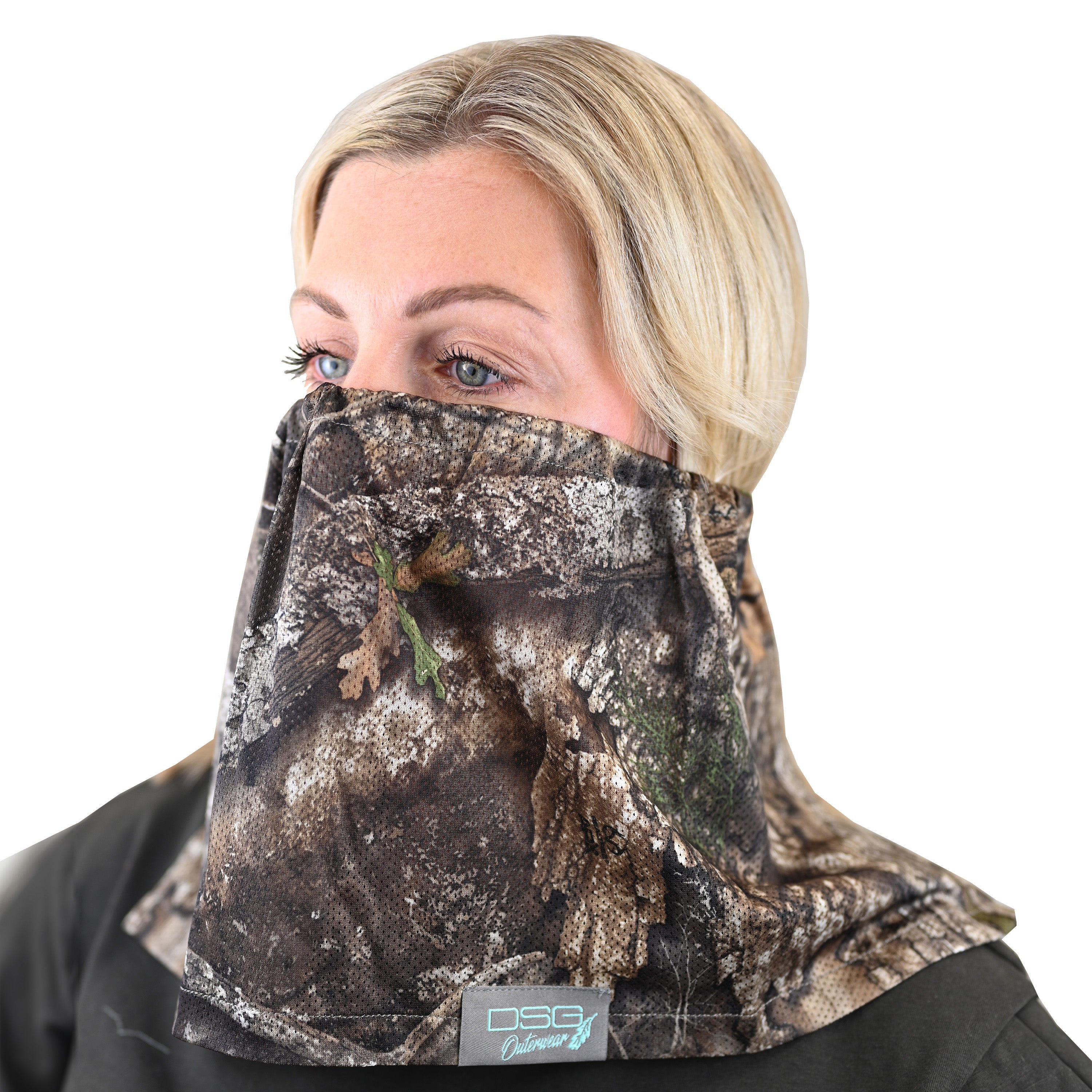 Black mesh face mask by DSG OUTERWEAR showing breathable, lightweight fabric with adjustable ear loops for comfortable fit.