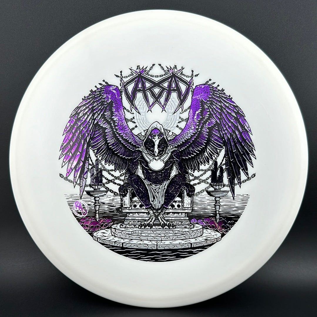 ESP Glo Buzzz disc golf disc by Rare Air Discs featuring Karudi the Overseer artwork, with a glowing, vibrant design.