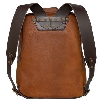 Backcountry Sportsman Bison Leather Standard Backpack with adjustable straps and multiple compartments, showing its rugged, vintage style.