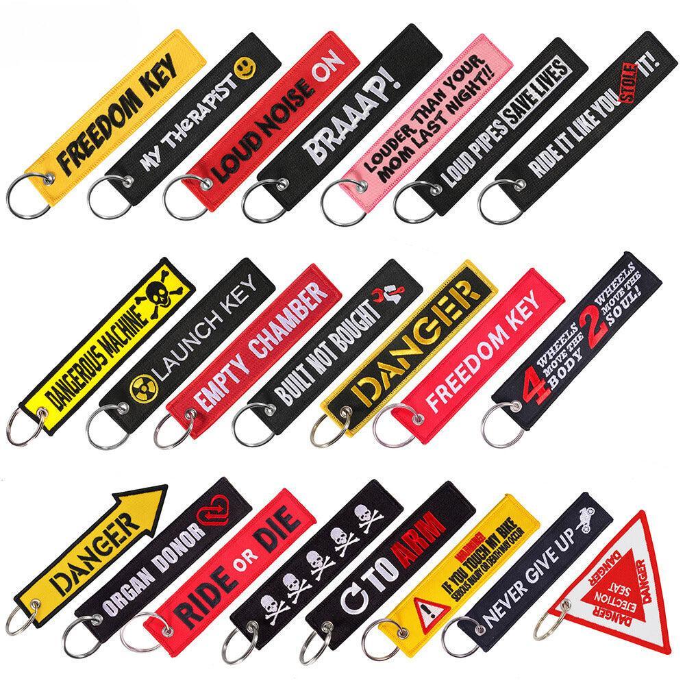 Embroidered motorcycle keychain decor by Bean's Moto Booth with detailed stitching and vibrant colors.