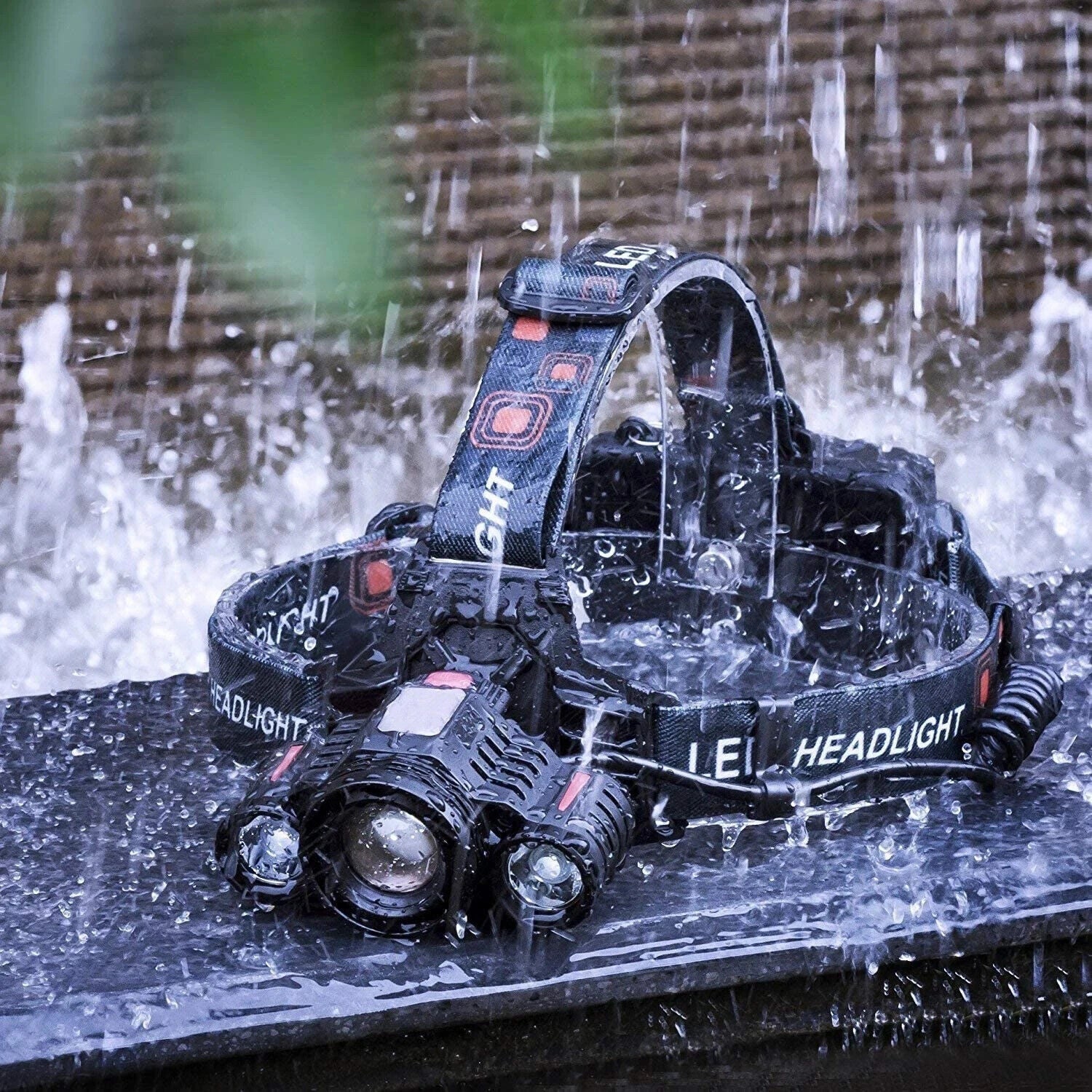 Black and red MUCITUP T6 rechargeable LED headlamp with zoom focus, four modes, USB-C charging, and IP55 waterproof design.