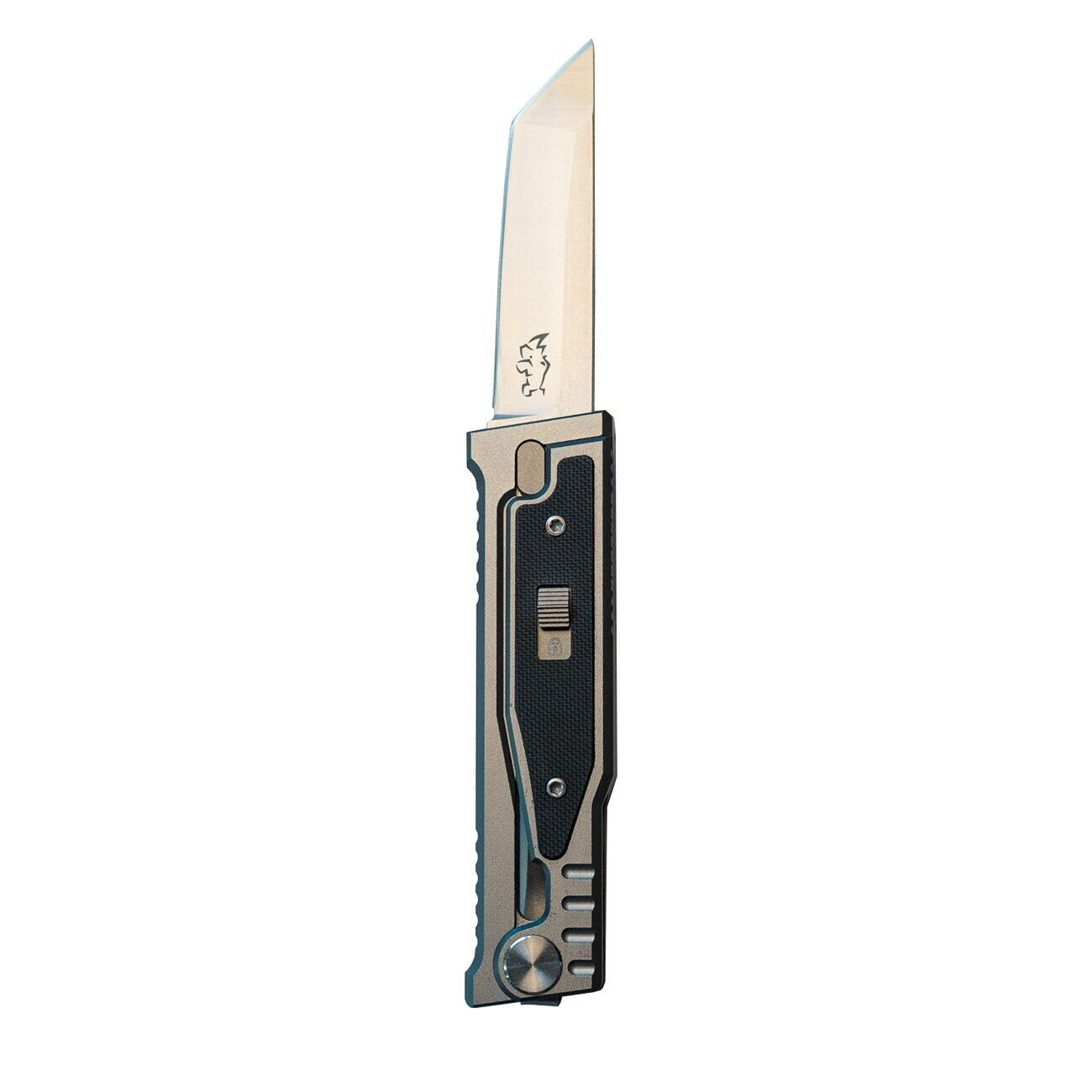 MUCITUP Rampart Tanto sliding blade knife with 3-inch D2 steel tactical blade and steel handle, in a sage color finish.