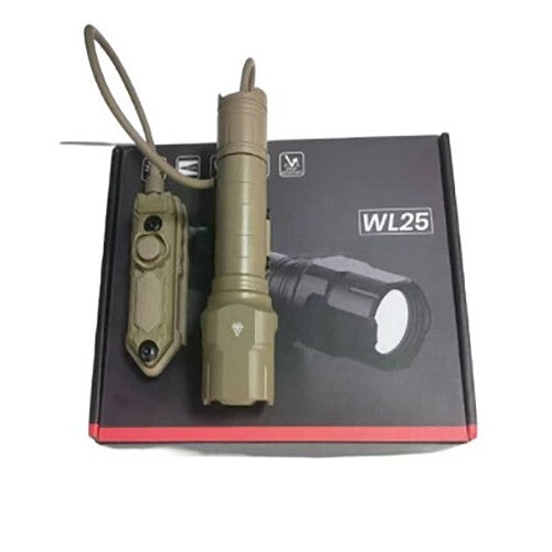 MUCITUP WL-25 tactical weaponlight flashlight in black, 1200 lumens, USB rechargeable, mounted on a firearm for tactical use.