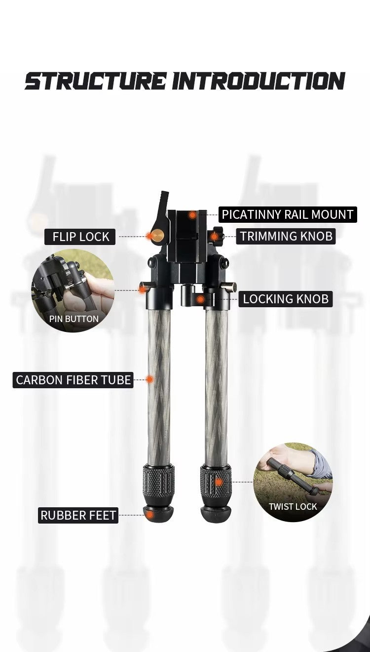 MUCITUP Linkogear HB-C01L carbon fiber tactical bipod with QD Picatinny mount, rubber and spike feet for rifle shooting support.