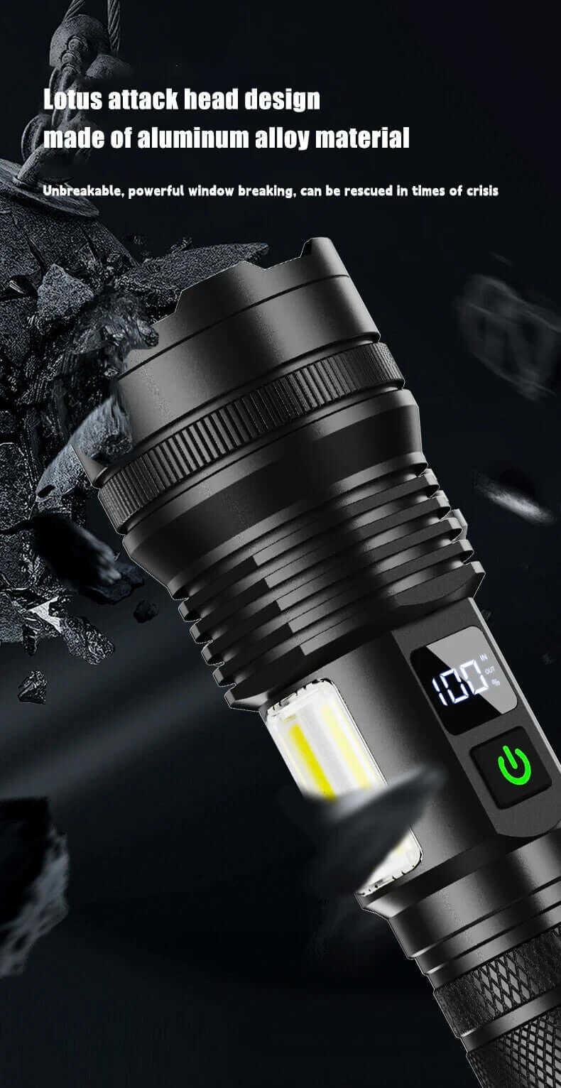 Muctac CHARGE flashlight with zoomable LED beam, USB charging, aluminum body, IP65 waterproof, 5000+ lumens light.