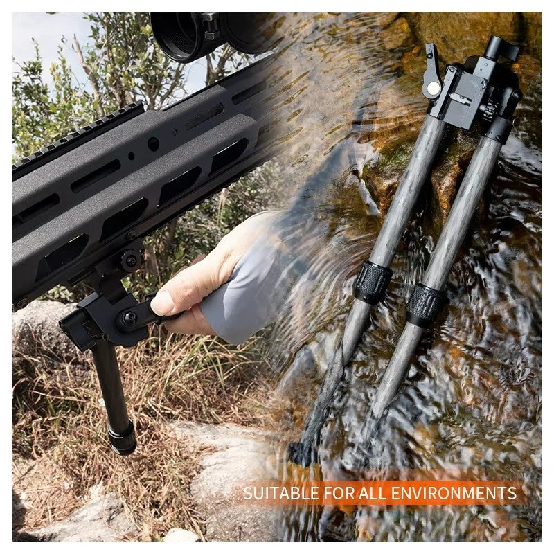 MUCITUP Linkogear HB-C01L carbon fiber bipod with QD Picatinny mounting, rubber and spike feet for rifle shooting support.
