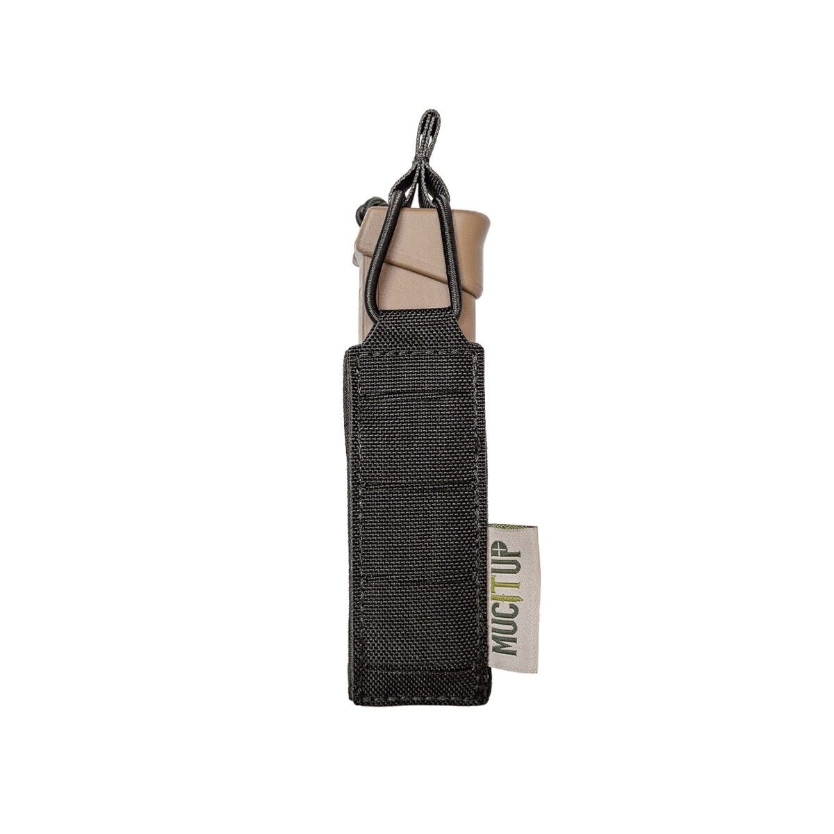 MUCTAC MOLLE single 9mm magazine pouch attached to tactical gear, designed for quick access and durability in combat situations.