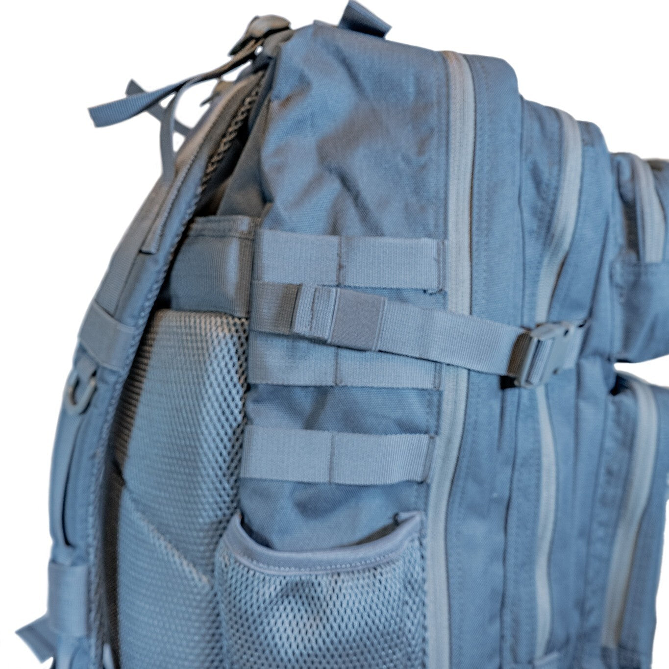 MUCITUP Rhino MUCPAC tactical backpack in grey, black, and MCBK with MOLLE webbing, made of durable 500D nylon for outdoor use.