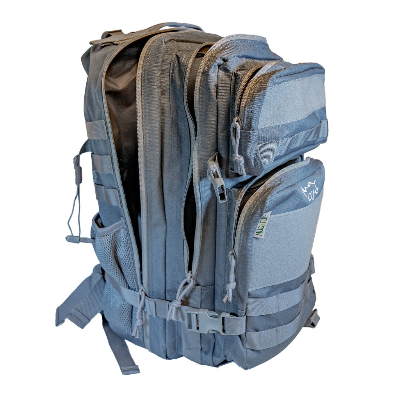 MUCITUP Rhino MUCPAC tactical backpack in grey, black, and MCBK with 500D nylon, MOLLE webbing, and EDC design for tactical use.