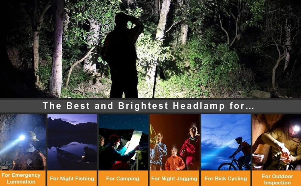 MUCITUP T6 rechargeable LED headlamp with zoom focus, 4 modes, USB-C port, IP55 waterproof, black and red color.