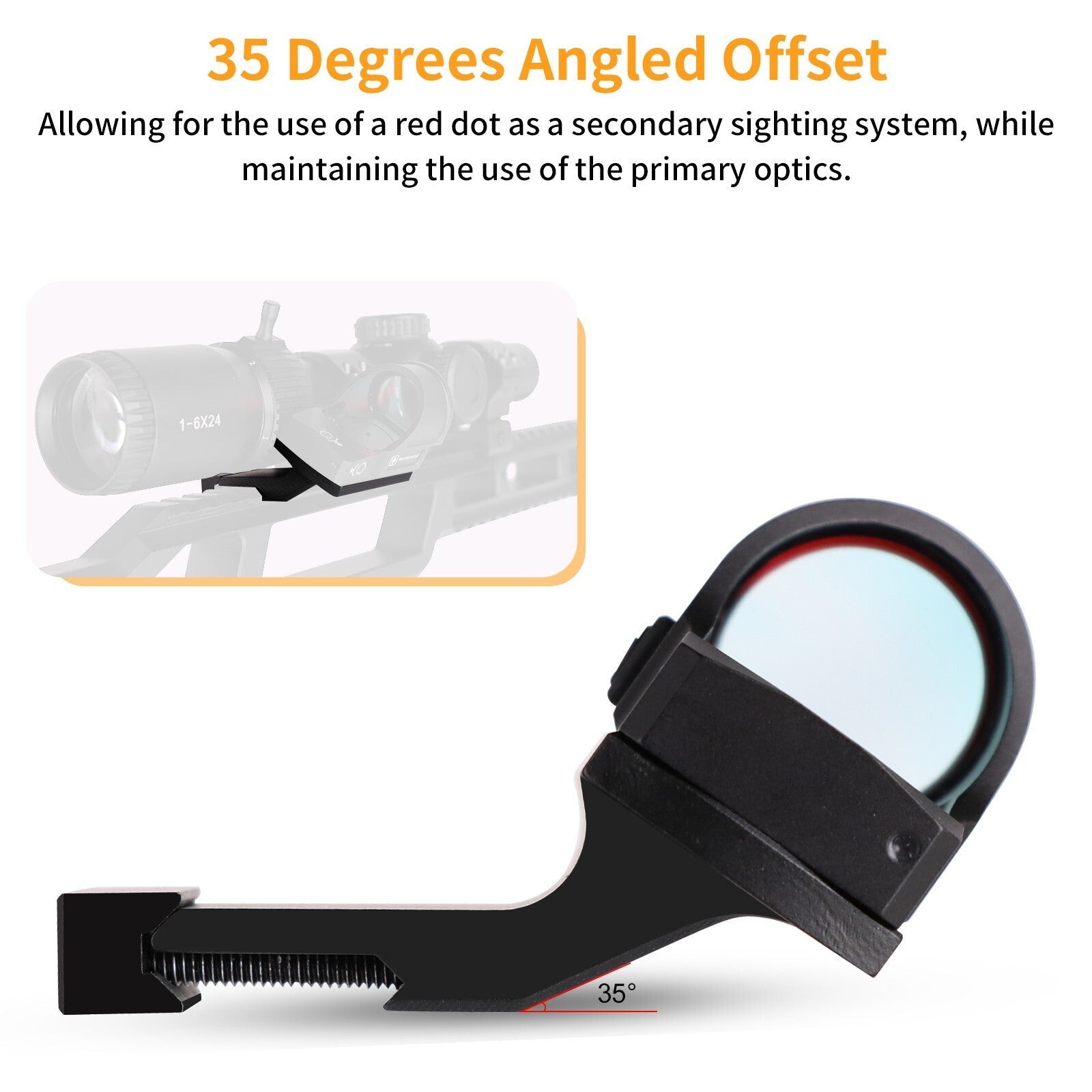 MUCTAC RMR 35° offset red dot mount in 6061-T6 aluminum with ambi locking for zero hold, designed for firearm optics accessories.