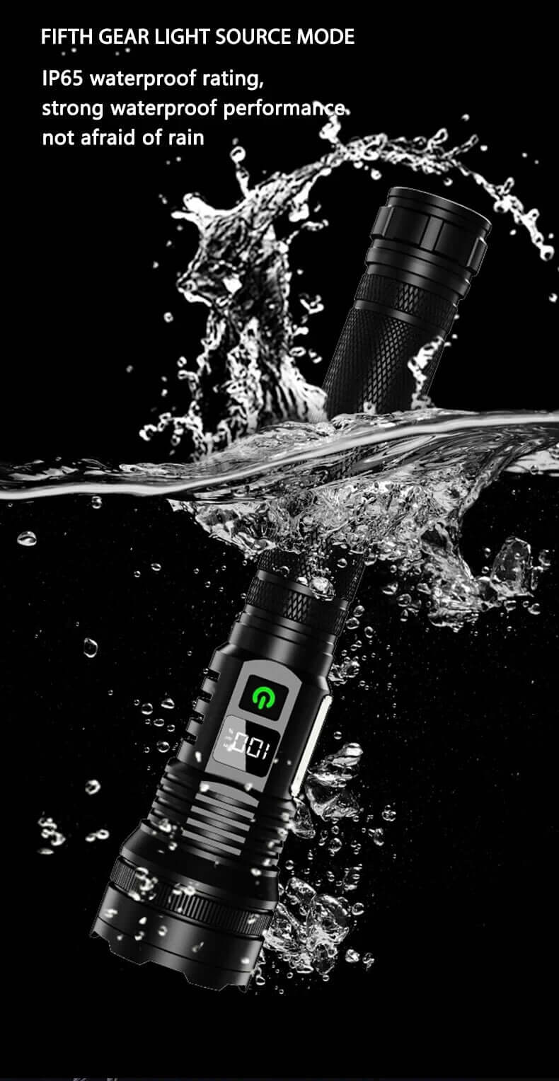 MUCTUP Muctac CHARGE LED flashlight with zoomable beam, USB rechargeable, aluminum alloy body, 5000+ lumens, IP65 waterproof.