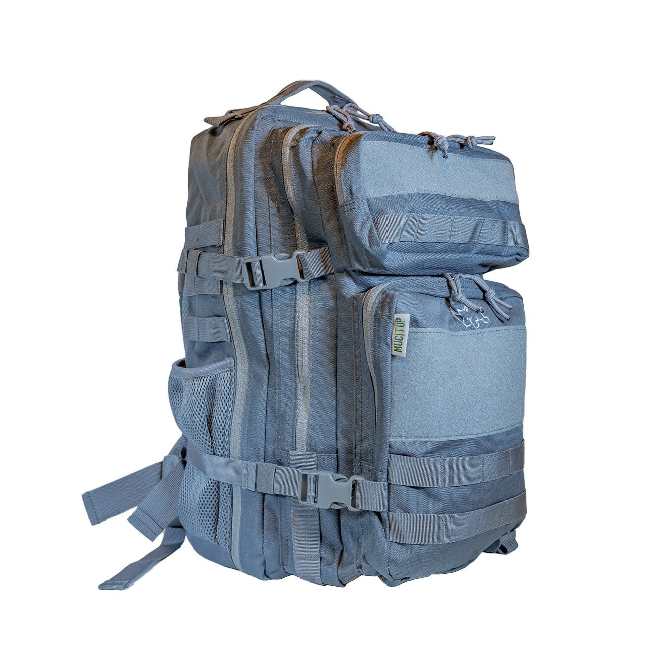 MUCITUP Rhino MUCPAC tactical backpack in grey, black, and MCBK with 500D nylon, MOLLE webbing, and multiple compartments.