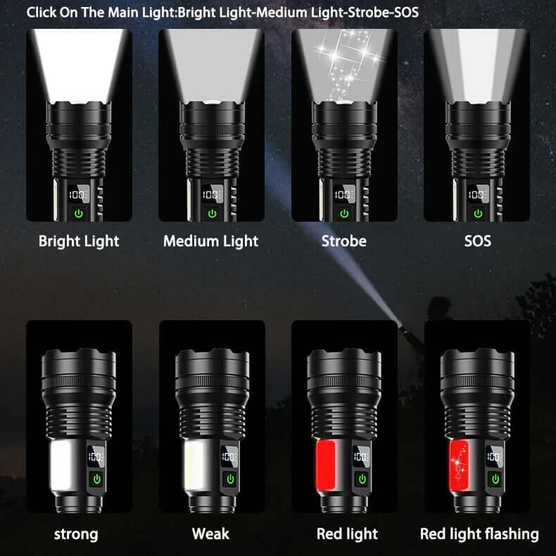 MUCTAC CHARGE LED flashlight with zoomable beam, USB charging, aluminum alloy body, IP65 water-resistant, 5000+ lumens brightness